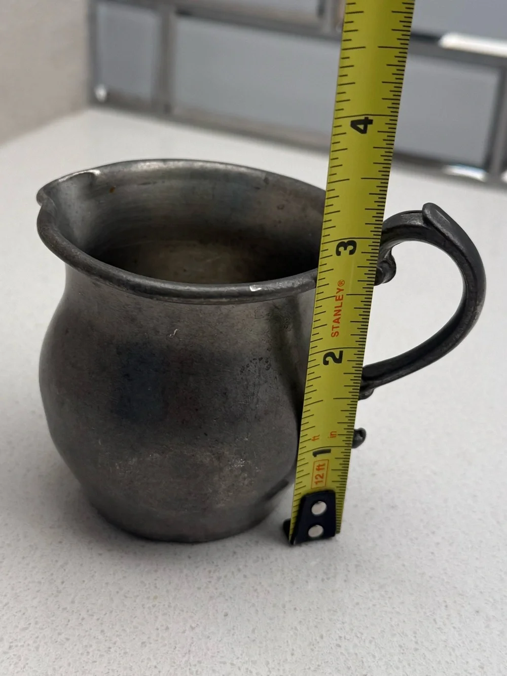 Vintage Pewter Creamer Pitcher Colonial Style Scroll Handle